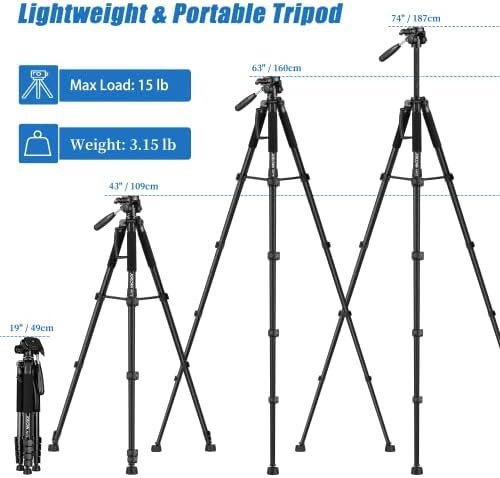 Tripod Camera Tripods, 74″ Tripod for Camera Cell Phone Video Photography, Heavy 2