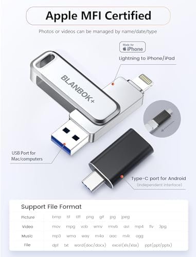 MFi Certified 128GB Flash Drive for iPhone/USB/USB C/,3-in-1 USB Stick 2