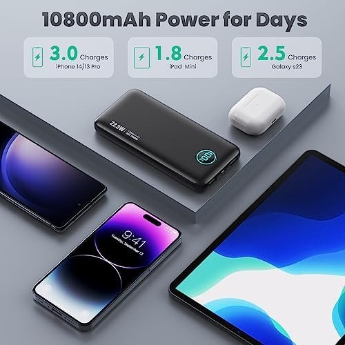 Portable Charger 10800mah,Slim 22.5W LCD Display Power Bank, Dual QC 4.0 PD Fast 4