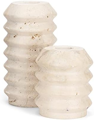 WORHE Candle Holders True Natural Travertine Stone 0.4″ Thick, Set of 2 Premium