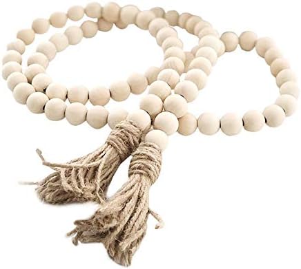 Farmhouse Beads 58in Wood Bead Garland with Tassels Rustic Country Decor Prayer