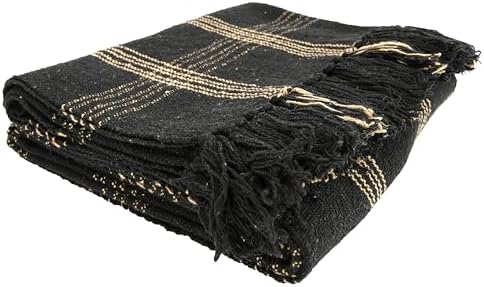 Creative Co-Op Plaid Black & Tan Fringed Woven Cotton Blend Throw 7