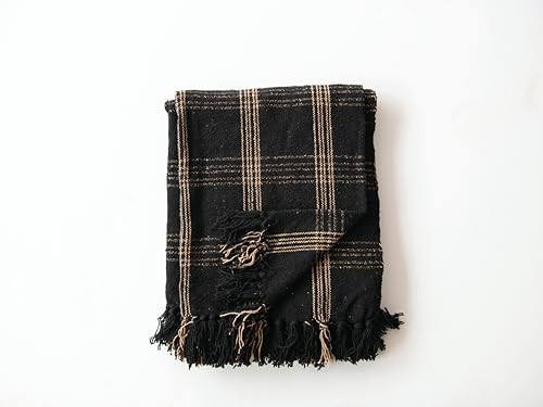 Creative Co-Op Plaid Black & Tan Fringed Woven Cotton Blend Throw 4