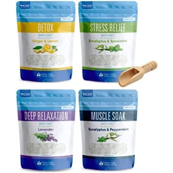 Bath Salts Sampler (4-Pack of 2-lbs) Variety Bath Soaks with Bamboo Scoop