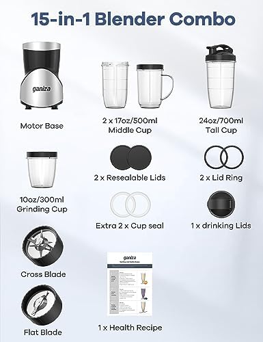 Smoothie Blender, Ganiza Blenders for Smoothies with 15-Piece Blender and 6