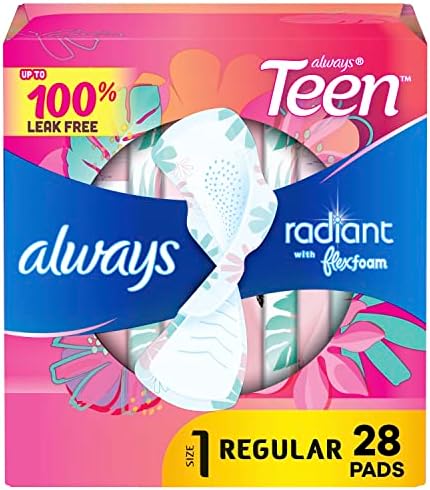 Always Radiant FlexFoam Teen Pads Regular Absorbency, 100% Leak Free Protection