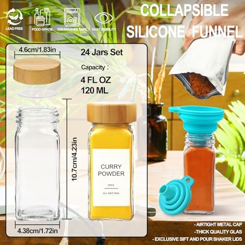 AISIPRIN 24 Pcs Glass Spice Jars with Bamboo Airtight Lids and 398 Labels, 4oz 2