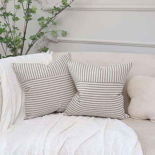 Hckot Grey and Beige Patchwork Farmhouse Throw Pillow Covers 18 x 18 Inch 3