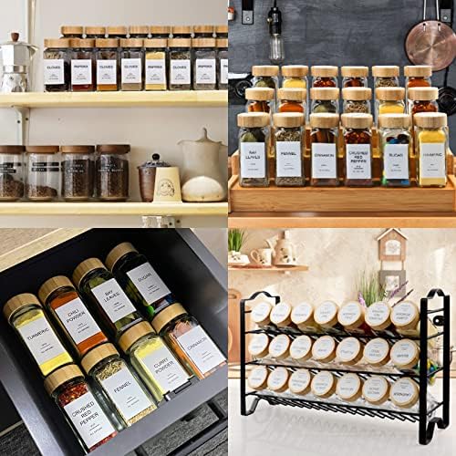 AISIPRIN 24 Pcs Glass Spice Jars with Bamboo Airtight Lids and 398 Labels, 4oz 6