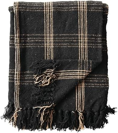Creative Co-Op Plaid Black & Tan Fringed Woven Cotton Blend Throw 3