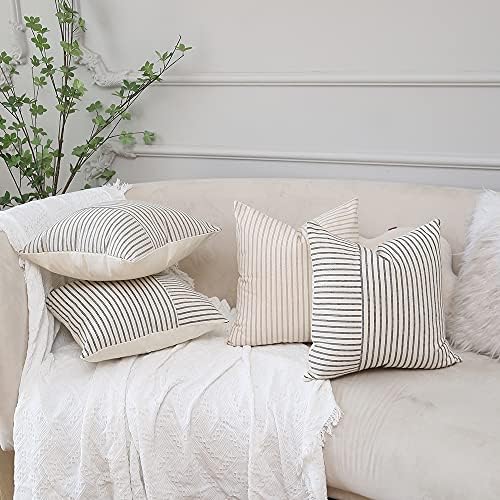 Hckot Grey and Beige Patchwork Farmhouse Throw Pillow Covers 18 x 18 Inch 5