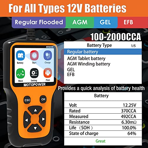 MOTOPOWER MP0515A 12V Car Battery Tester Automotive 100-2000 CCA Battery Load 3