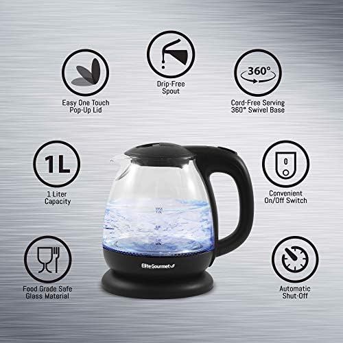 Elite Gourmet EKT1001B Electric BPA-Free Glass Kettle, Cordless 360° Base 3