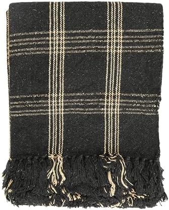Creative Co-Op Plaid Black & Tan Fringed Woven Cotton Blend Throw