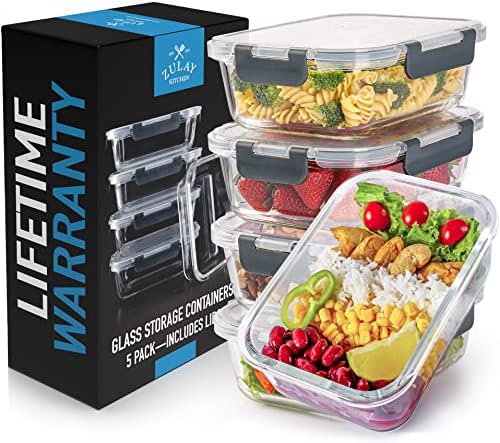 Zulay Kitchen 5 Pack Leak-Proof Glass Food Storage Containers - 36 oz Thick