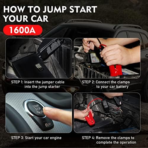 1600A Battery Jump Starter 16000mAh Pack 12V with Jumper Cables, Portable USB QC 9