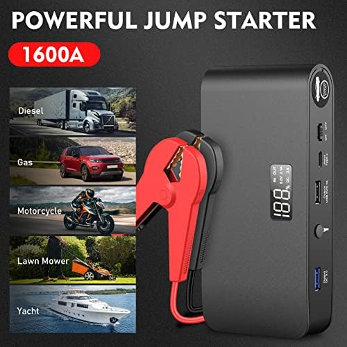 1600A Battery Jump Starter 16000mAh Pack 12V with Jumper Cables, Portable USB QC 2