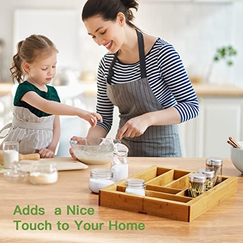 Bamboo Expandable Drawer Organizer for Utensils Holder, Adjustable Cutlery Tray 6