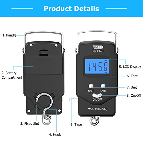 Fish Scale, Dr.meter Backlit LCD Display 110lb/50kg Portable Electronic Balance Digital 4