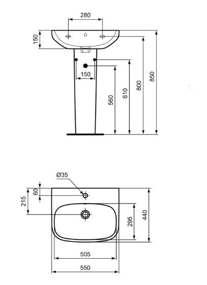 Ideal Standard i.life Basin and Pedestal 55cm 1 Tap Hole 3