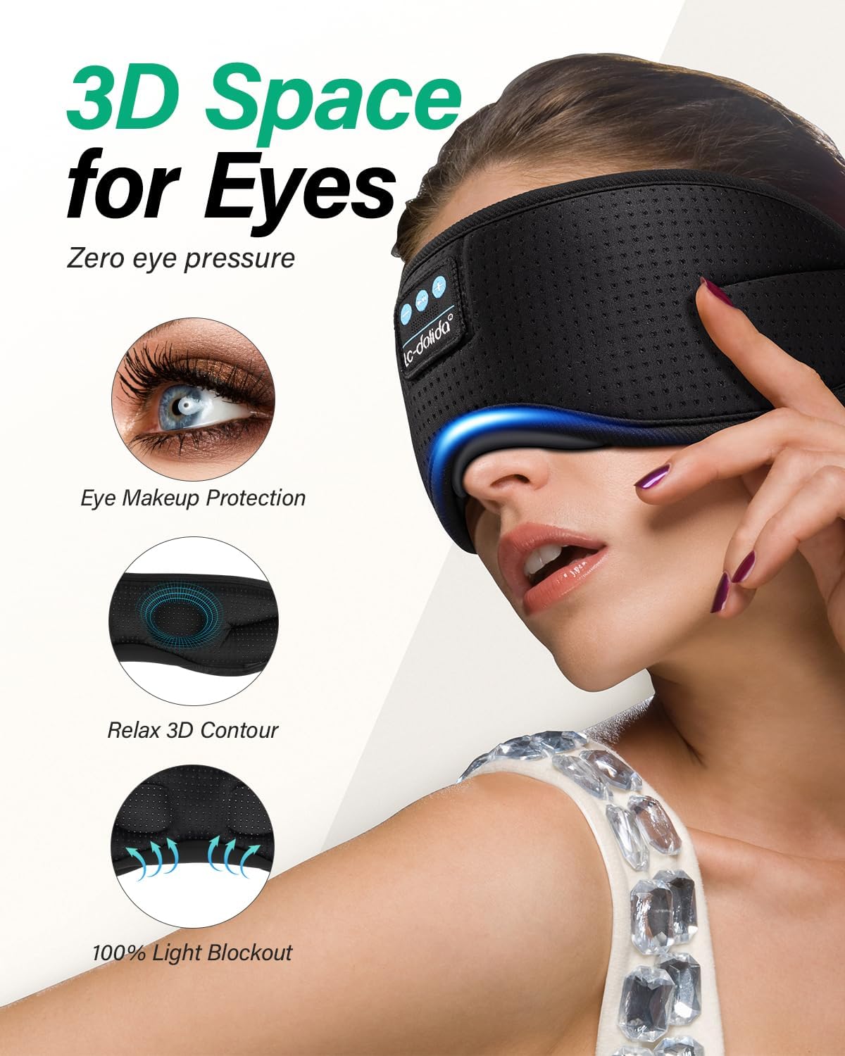 LC-dolida Sleep Headphones, White Noise Bluetooth Sleep Mask 3D Wireless Eye Mask Sleeping with Timing, Sleep Mask with Bluetooth Headphones for Side Sleepers Travel Yoga, Cool Gifts Men Women 3