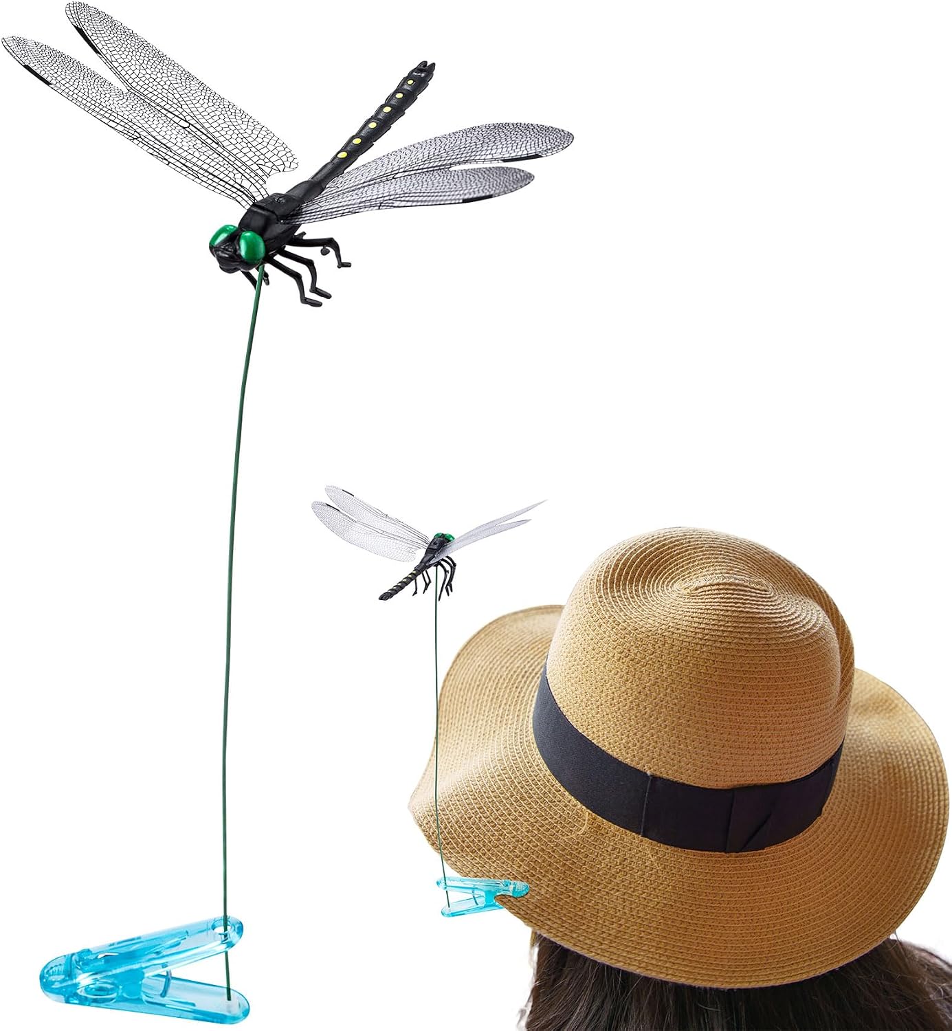 BEIQIYA Dragonfly Clips, Artificial 3D Simulation Dragonflies Hat Clip, Fly Scare Devices Garden Decor for Outdoor Yard Courtyard Patio Flower Beds