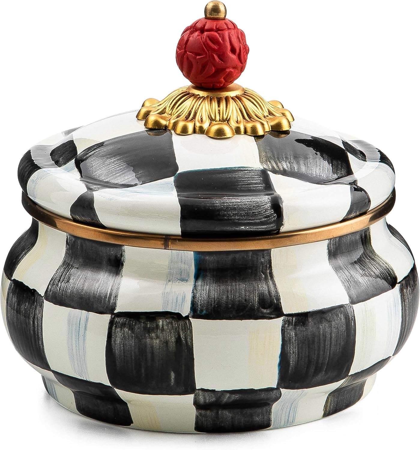 MACKENZIE-CHILDS Enamel Squashed Pot, Cute Enamelware Storage Canister with Lid, 20 Ounces, Black-and-White Courtly Check