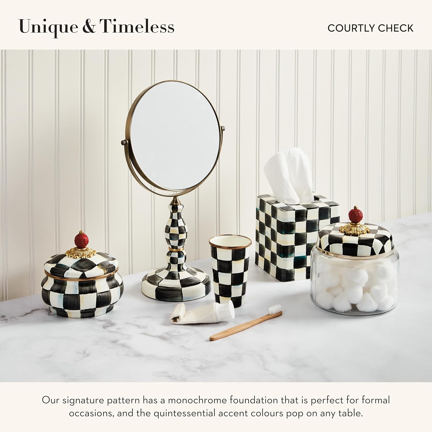 MACKENZIE-CHILDS Enamel Squashed Pot, Cute Enamelware Storage Canister with Lid, 20 Ounces, Black-and-White Courtly Check 3