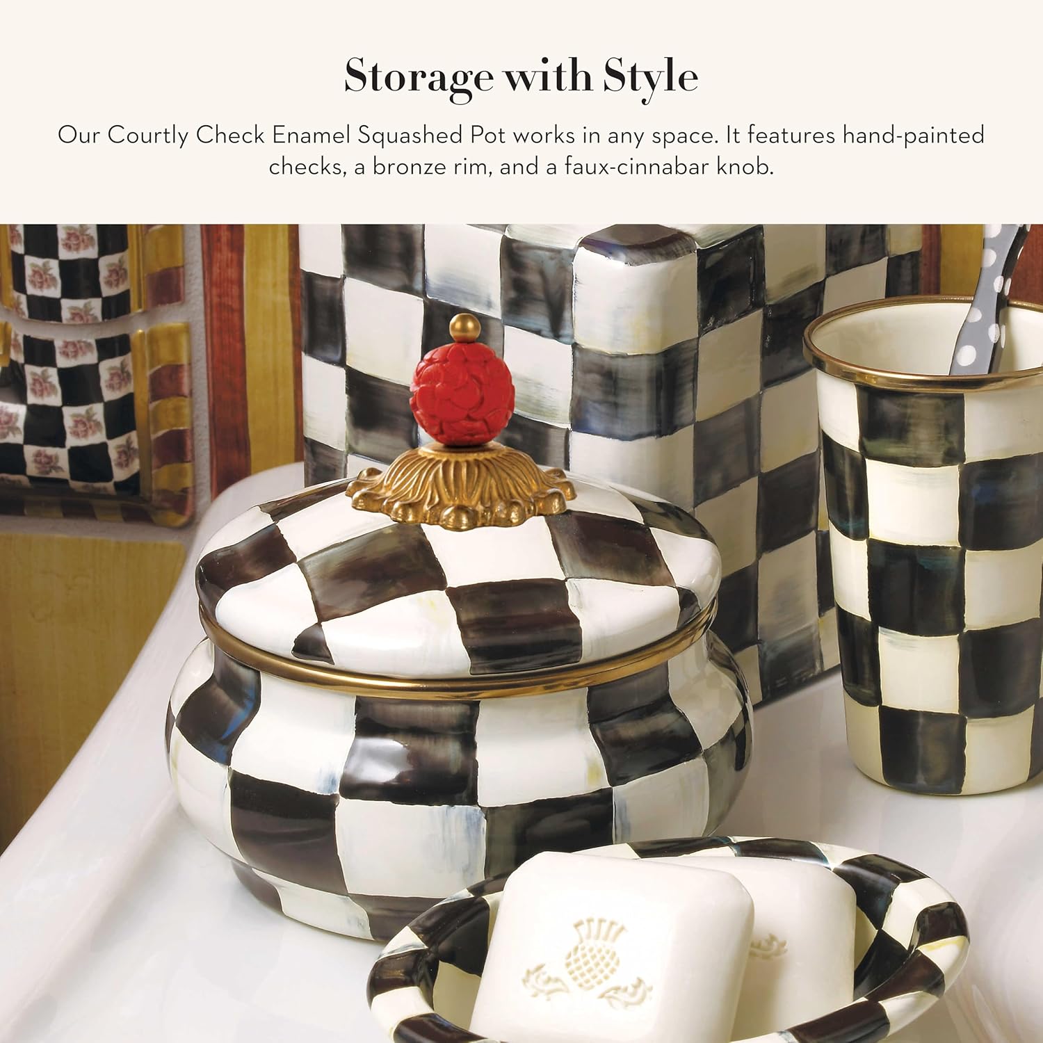 MACKENZIE-CHILDS Enamel Squashed Pot, Cute Enamelware Storage Canister with Lid, 20 Ounces, Black-and-White Courtly Check 2