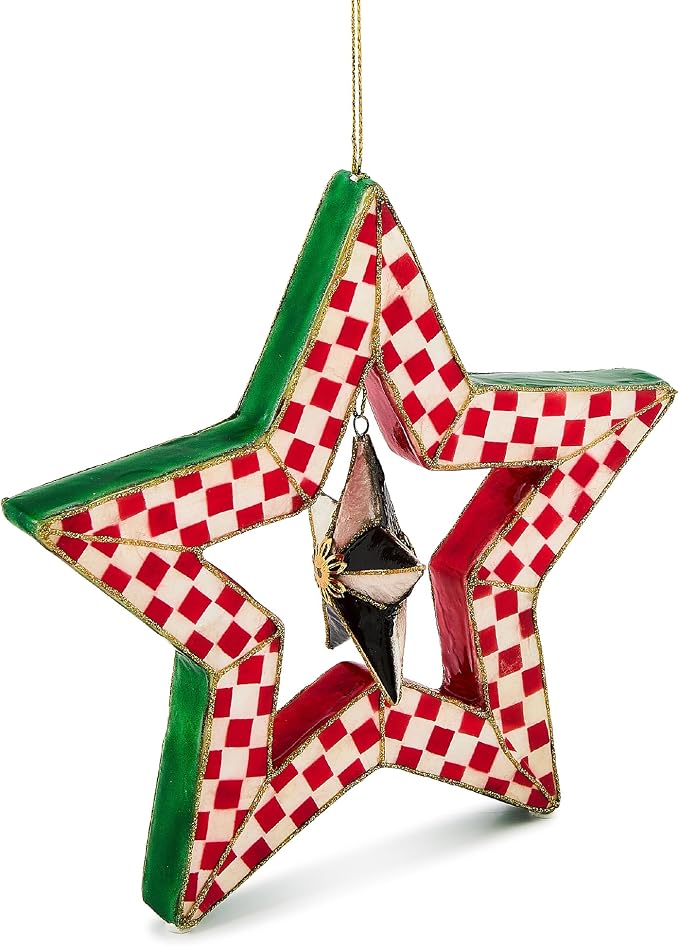 MACKENZIE-CHILDS Capiz Star Ornament, Christmas Tree Decoration, Check It Out Red