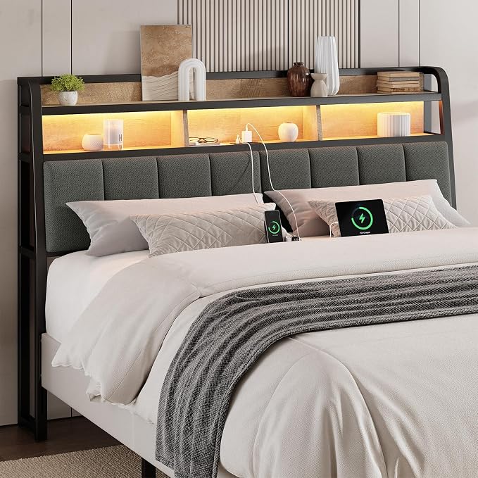 ONBRILL Ergonomic Headboard Queen Size with 2-Tier Storage, Black & Brown