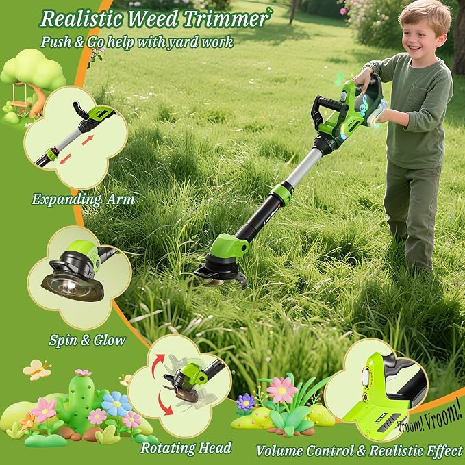 Kids Toy Tool Set, 3-IN-1 Power Garden Lawn Tools with Sounds & Lights, Volume, Toy Weed Wacker, Leaf Blower&Hedge Trimmer, Outdoor Play Toy Tools, Christmas Birthday Gifts for Boy Toys 3 4 5 6 7 8+ 2