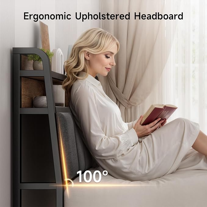 ONBRILL Ergonomic Headboard Queen Size with 2-Tier Storage, Black & Brown 3