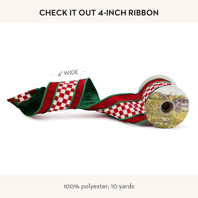 MACKENZIE-CHILDS Holiday Ribbon, Decorative Ribbon for Christmas Gift Wrapping and Wreaths, 4 Inches Wide, 5 Yards, Check It Out 2