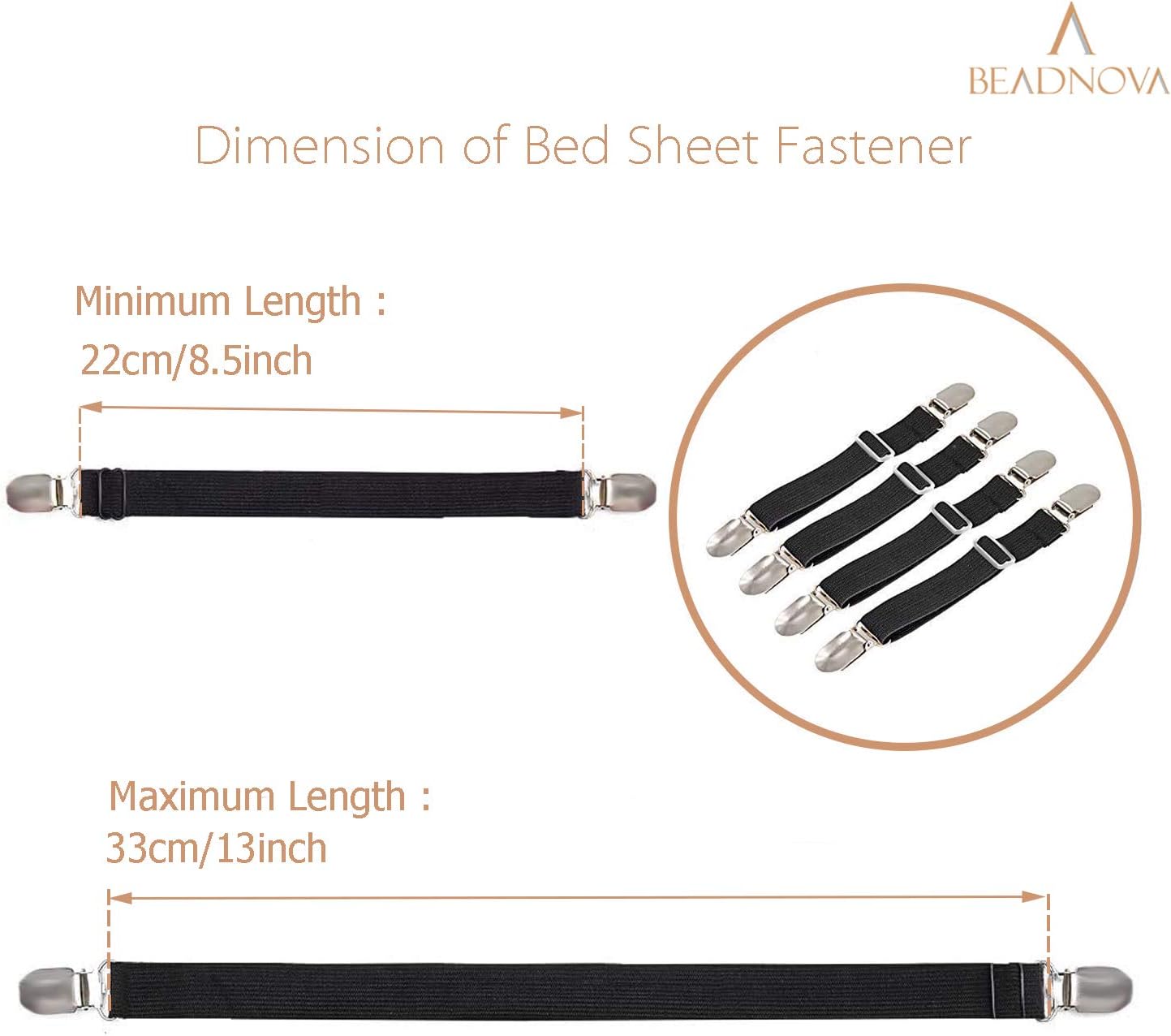 BEADNOVA Bed Sheet Straps 4 Pcs Bed Sheet Holders Fitted Sheet Clips Adjustable Sheet Suspenders Mattress Fasteners Gripper Corner Clips for Bed Mattress Cover Fitted Bed Sheets Sofa Cushion 3