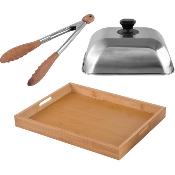 3-in-1 Kitchen/Griddle Accessories: Wooden Tongs, Wooden Serving Tray, and Stainless Steel Grill Cover, Suitable for Outdoor Barbecue, Kitchen Cooking and Serving