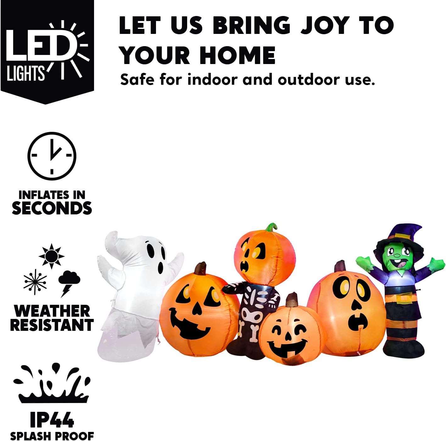 Joiedomi 8 ft Long Halloween Inflatable Three Characters and Pumpkin Patch Outdoor Decoration, Blow Up Inflatables Witch Ghost Skeleton Yard Decorations with LEDs for Party Yard Lawn Garden Decor 4