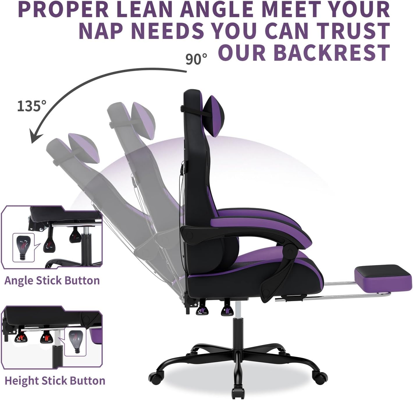 Gaming Chair with Massage,Ergonomic PC Gaming Chair with Footrest Comfortable Headrest and Lumbar Support,High Back Game Chair PVC Leather,300LBS (BlackPurple) 6