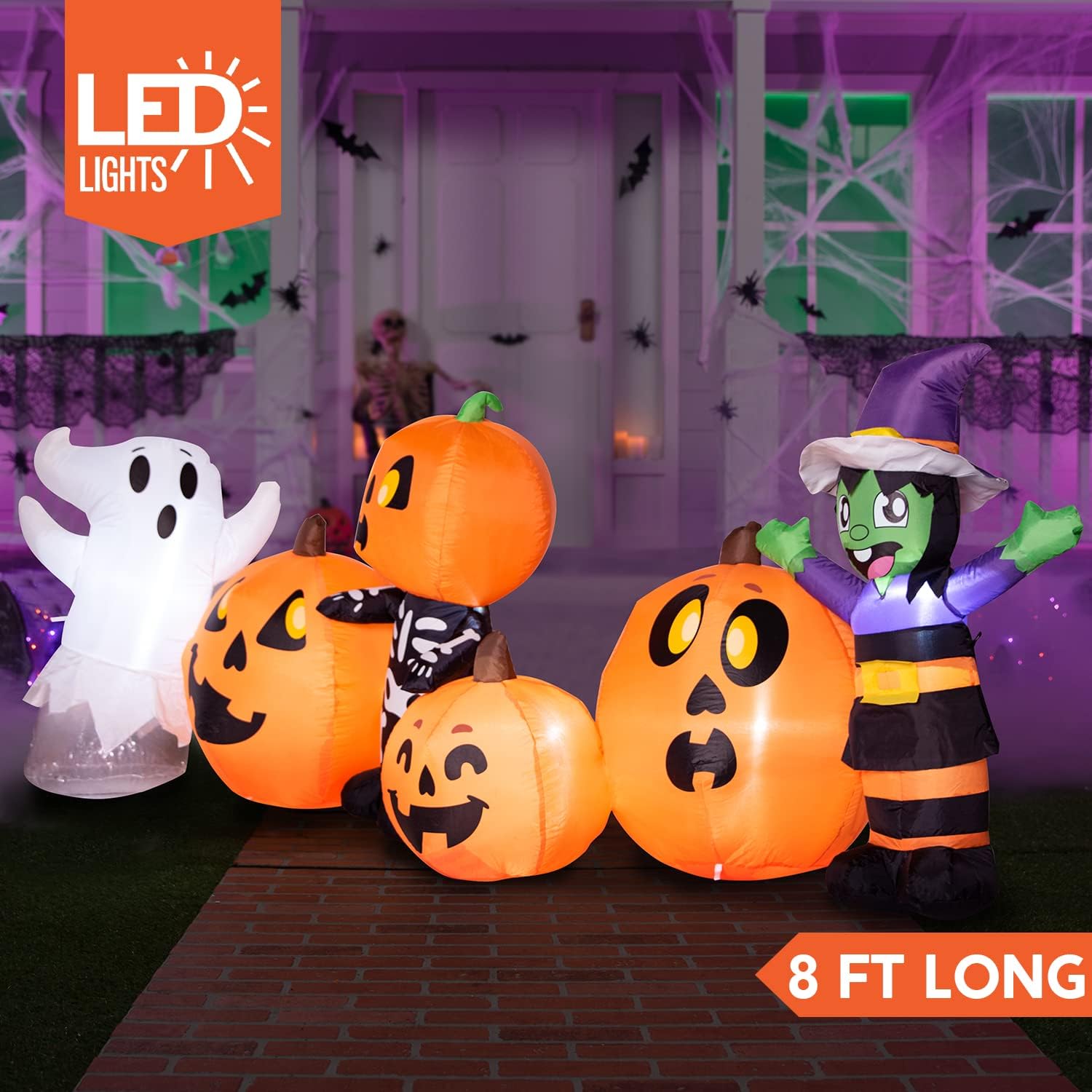 Joiedomi 8 ft Long Halloween Inflatable Three Characters and Pumpkin Patch Outdoor Decoration, Blow Up Inflatables Witch Ghost Skeleton Yard Decorations with LEDs for Party Yard Lawn Garden Decor 2