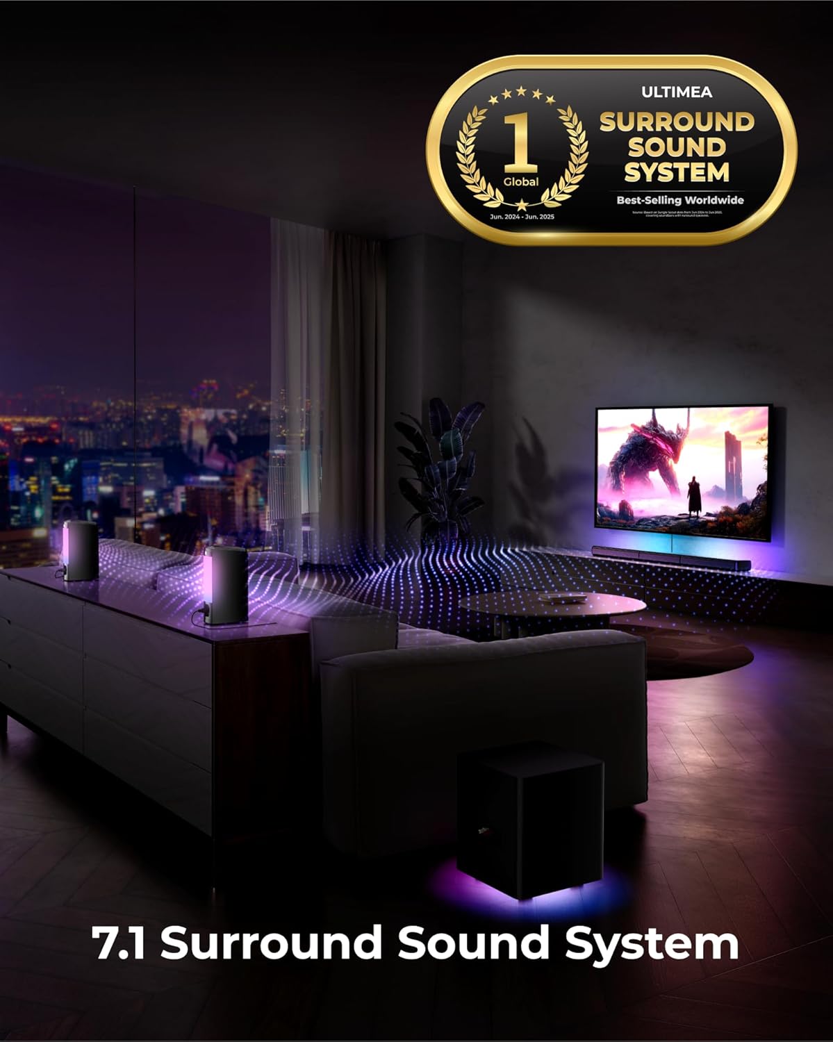 ULTIMEA 7.1ch Virtual Surround Soundbar, TV Soundbar with 2 Surround Speakers, RGB, Subwoofer, TV Surround Sound System, 410W Peak Power, Apollo S70 Ultra 2
