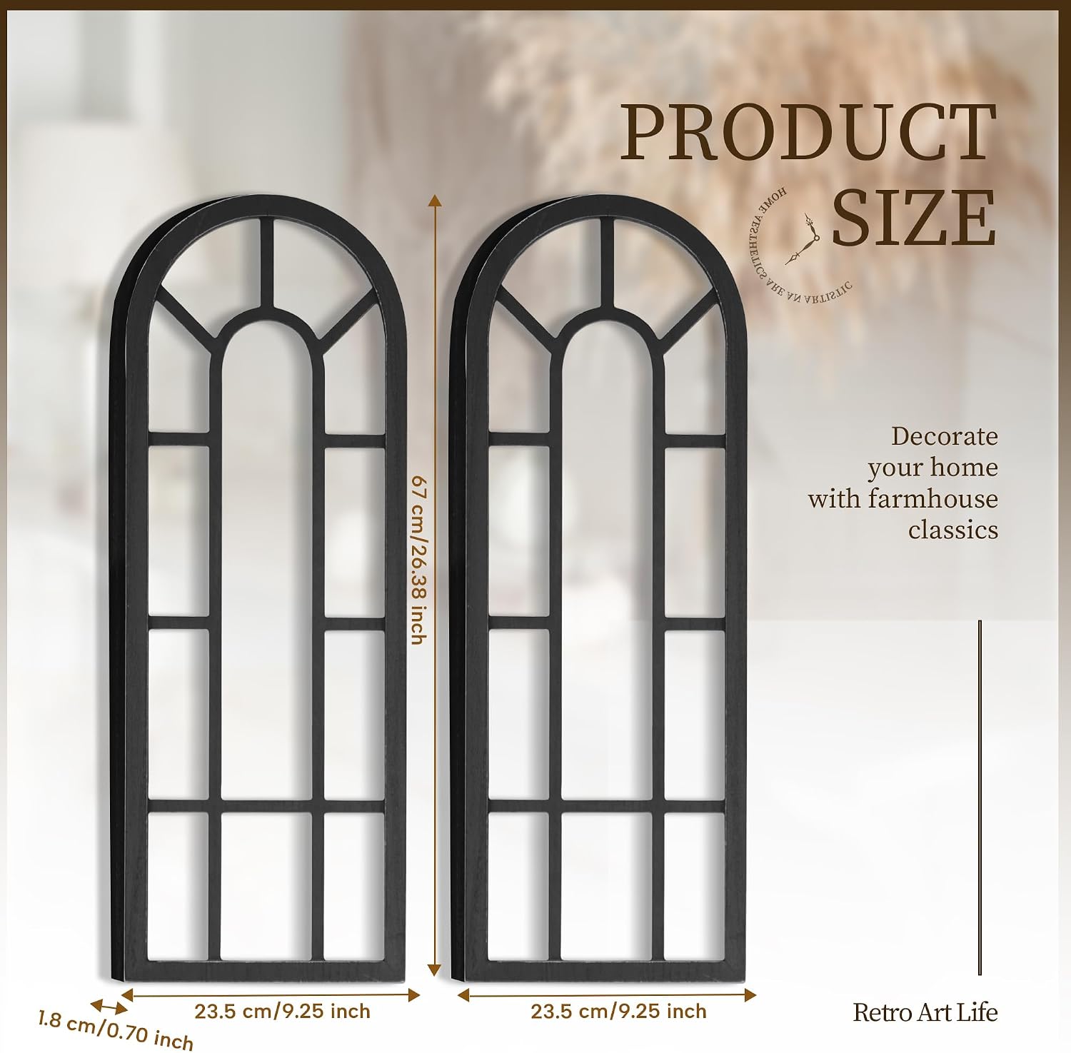 HPC DECOR Rustic Window Frame Wall Decor Set of 2 – Vintage Country Hanging Decor,Modern Farmhouse Window Wall Decor-Arch for Home,Bedroom,Living Room,Kitchen Decoration Black. 3