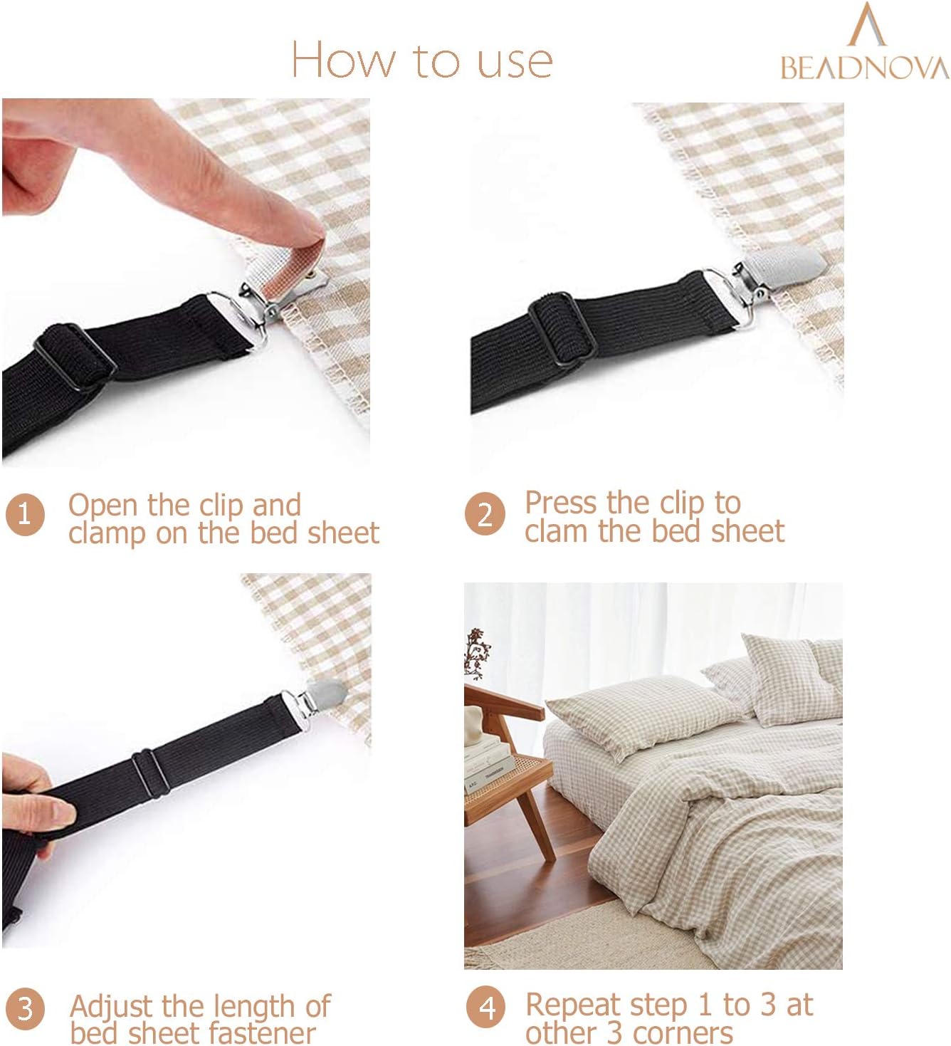 BEADNOVA Bed Sheet Straps 4 Pcs Bed Sheet Holders Fitted Sheet Clips Adjustable Sheet Suspenders Mattress Fasteners Gripper Corner Clips for Bed Mattress Cover Fitted Bed Sheets Sofa Cushion 2