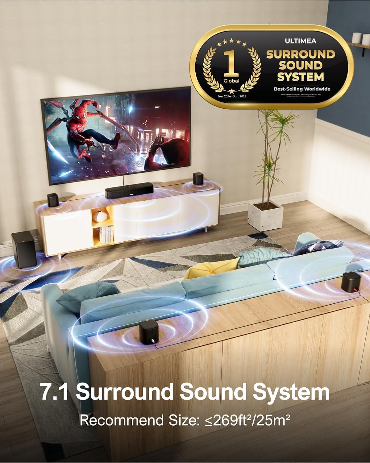 ULTIMEA 7.1ch Sound Bar with Subwoofer, Virtual Surround Sound System for TV, Sound Bar for Smart TV with 4 Surround Speakers, Peak Power 330W, TV Soundbar with App Control, Opt/AUX/BT, Aura A40 3