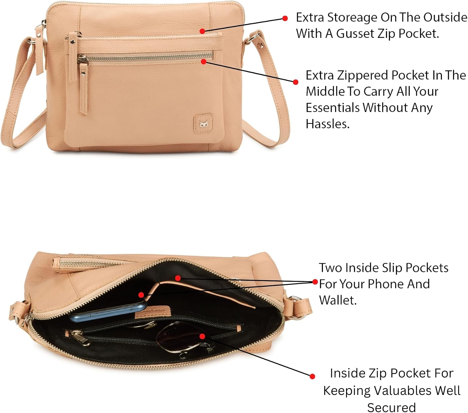 Wise Owl Accessories Leather Crossbody Bags for Women Small Soft Genuine Pebbled Sling Shoulder Handbag Crossover Purse with Full Adjustable Strap (Nude Nappa) 2