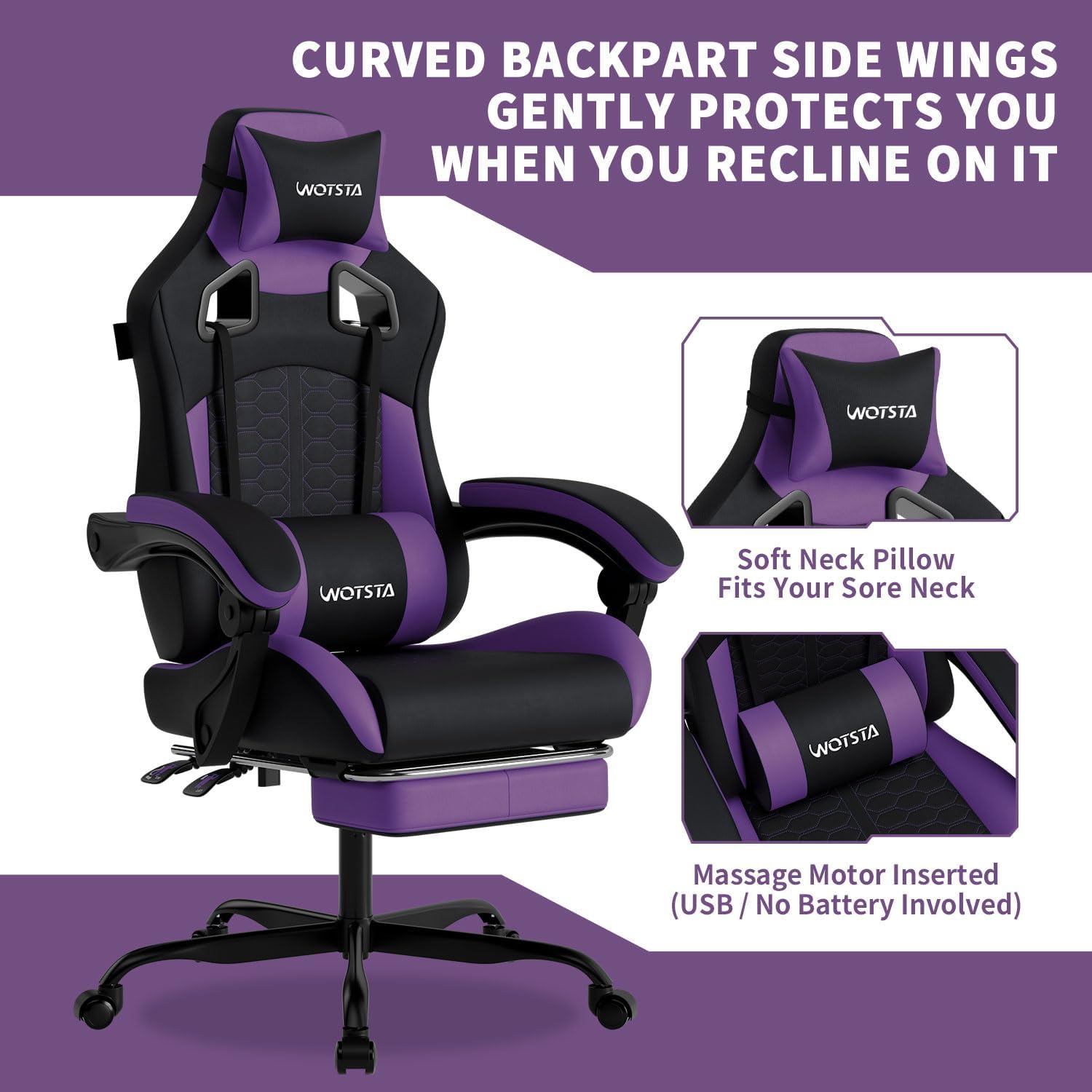 Gaming Chair with Massage,Ergonomic PC Gaming Chair with Footrest Comfortable Headrest and Lumbar Support,High Back Game Chair PVC Leather,300LBS (BlackPurple) 4