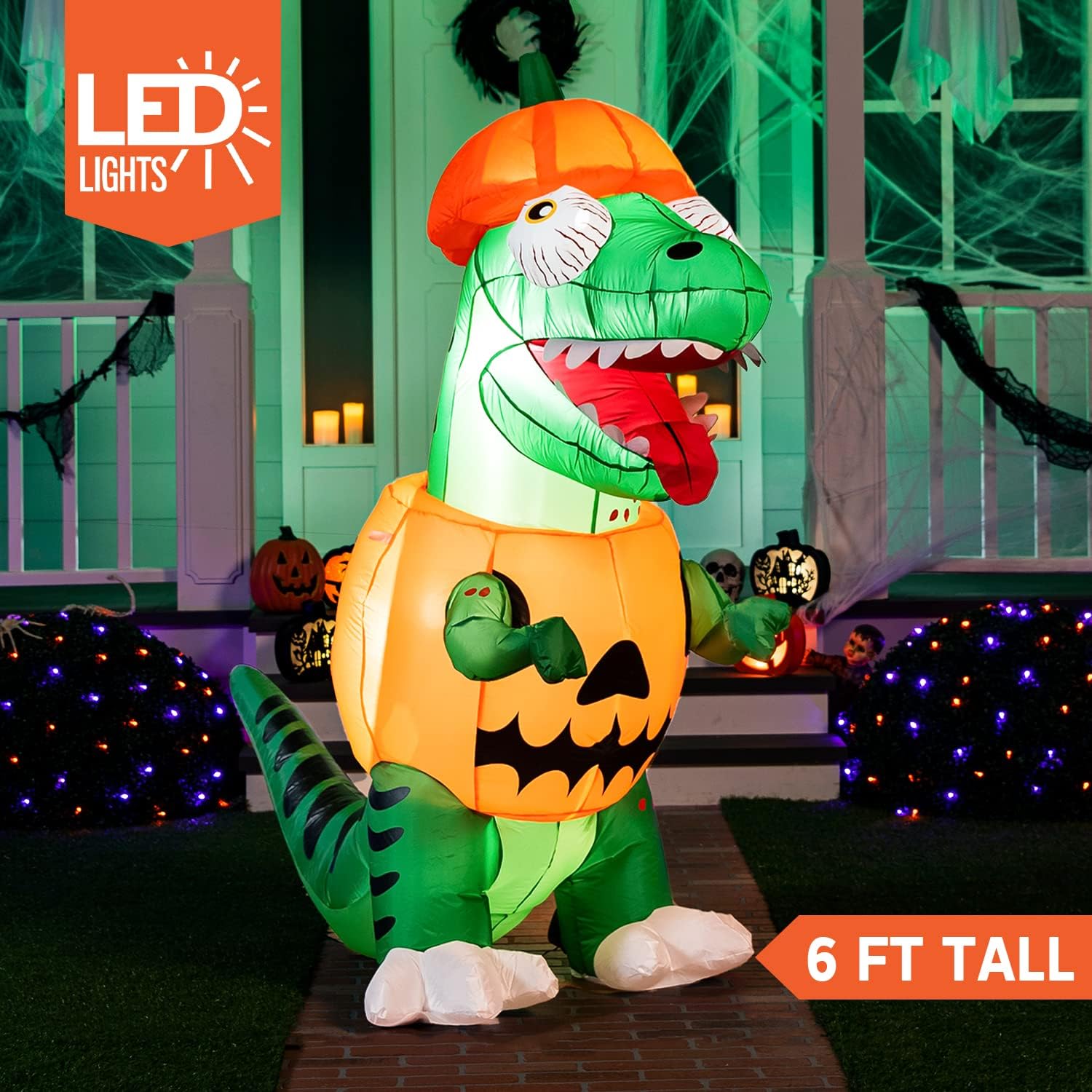 Joiedomi 6 Ft Tall Inflatable Dinosaur Trick Or Treat Halloween Inflatable Yard Decoration with Build-in LEDs Inflatable Pumpkin for Halloween Party Indoor, Outdoor, Yard, Garden, Lawn Decorations 2