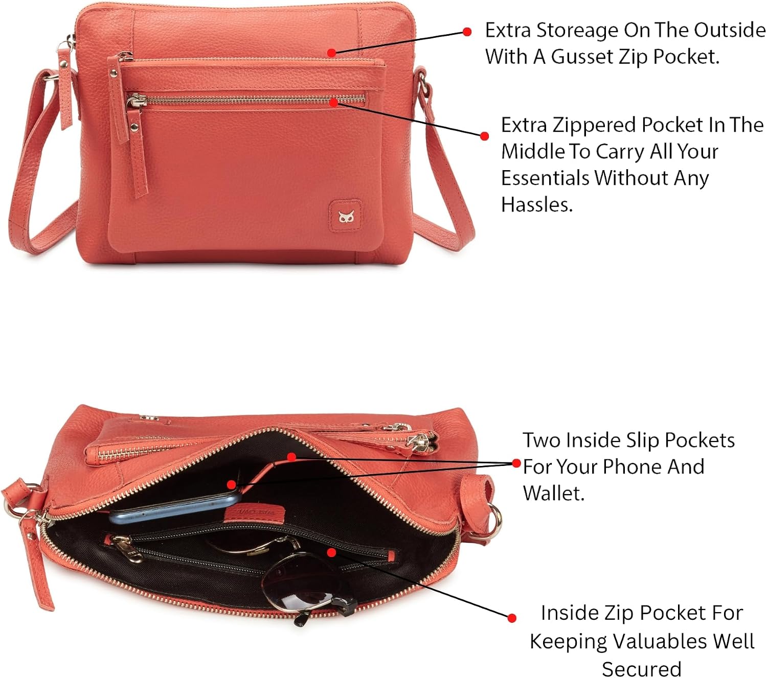 Wise Owl Accessories Leather Crossbody Bags for Women Small Soft Genuine Pebbled Sling Shoulder Handbag Crossover Purse with Full Adjustable Strap (Coral Nappa) 4