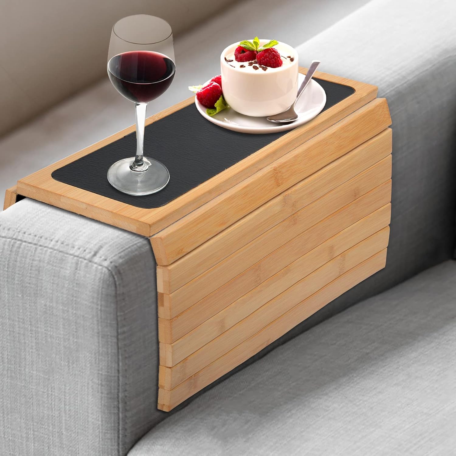 Numola Couch Arm Tray, Sofa Armrest Tray Table, Adjustable and Foldable Couch Arm Table for Snack, Food, Drinks, Phone, Remote(Natural)