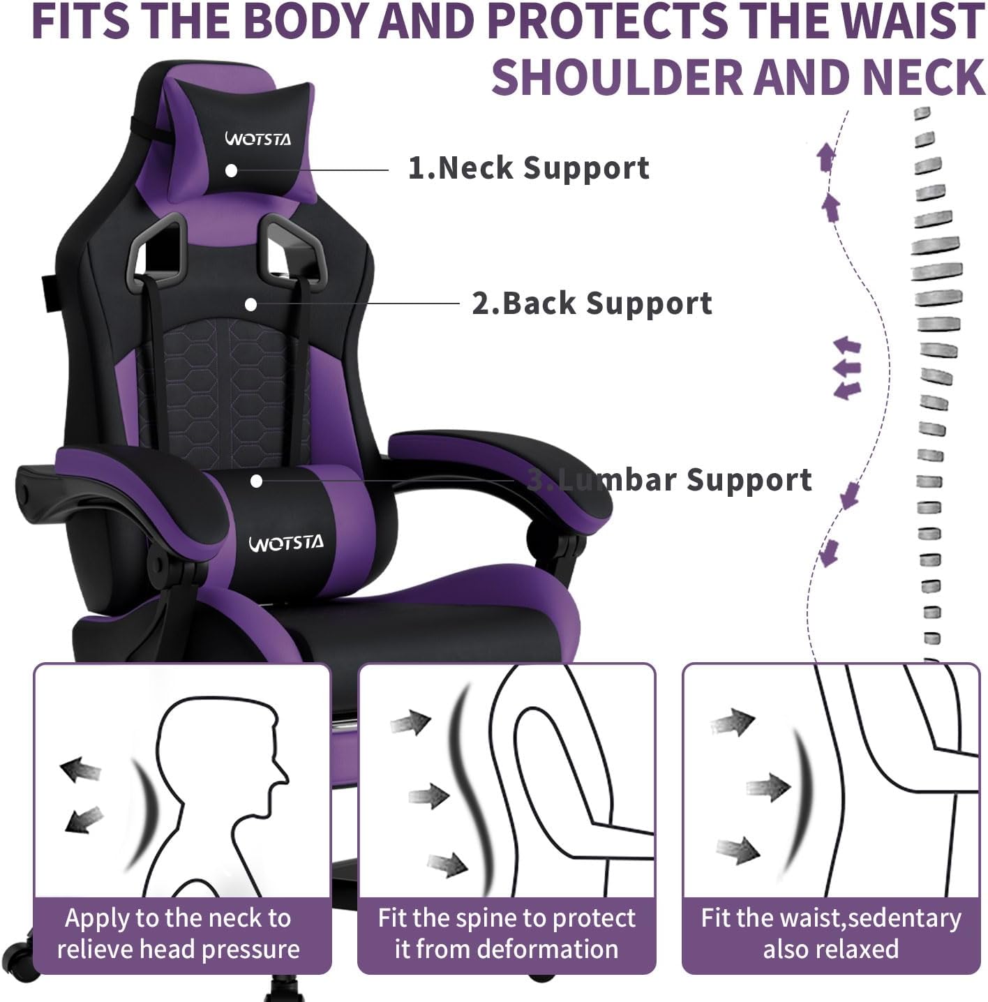 Gaming Chair with Massage,Ergonomic PC Gaming Chair with Footrest Comfortable Headrest and Lumbar Support,High Back Game Chair PVC Leather,300LBS (BlackPurple) 3