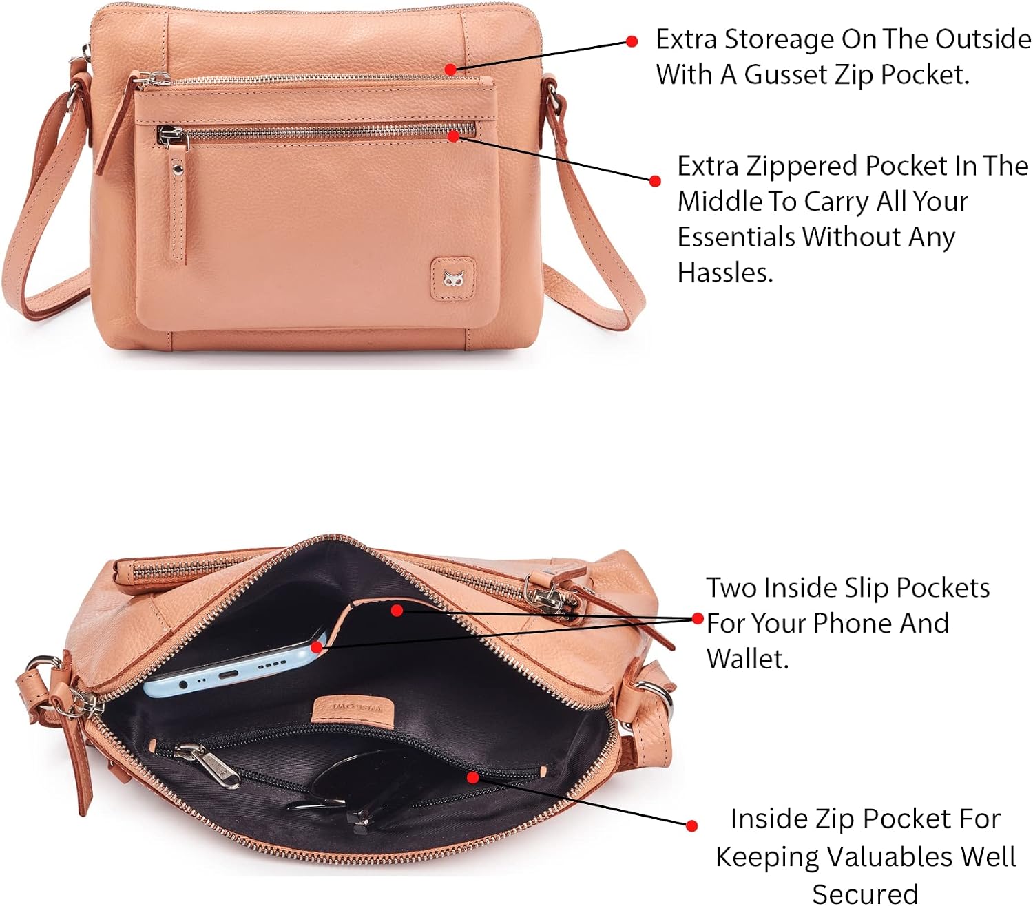 Wise Owl Accessories Leather Crossbody Bags for Women Small Soft Genuine Pebbled Sling Shoulder Handbag Crossover Purse with Full Adjustable Strap (Peach Nappa) 2